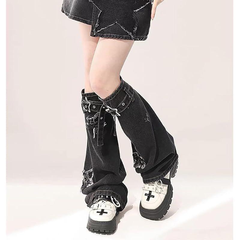 Used [New] [YEMOCILE] Harajuku Punk Leg Warmers Women's Distressed Belt Loose Socks Star Pattern Denim Leg Cover Y2K Landmine Gothic Ribbon Cute
