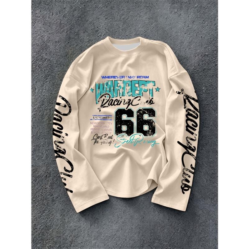 Men's Long Sleeve T-shirt Racing Style Vintage Letter Graphic Print Loose Retro Streetwear Casual Hip Hop Spring- Autumn Tops