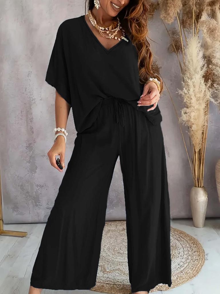 V-Neck Batwing Sleeve Casual Two-Piece Set with Wide-Leg Pants (2025) Women's Fashion