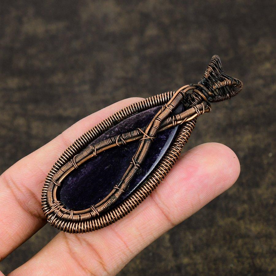 Russian Charoite Handmade Copper Wire Wrap Jewelry Pendant 2.96" o5q77