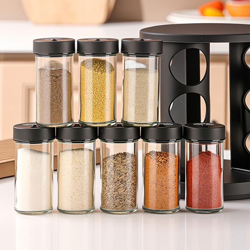 Rotating Spice Rack With Clear Glass Jars And Adjustable Lids 360 Degree Rotation For Home Kitchen Outdoor Camping Cooking