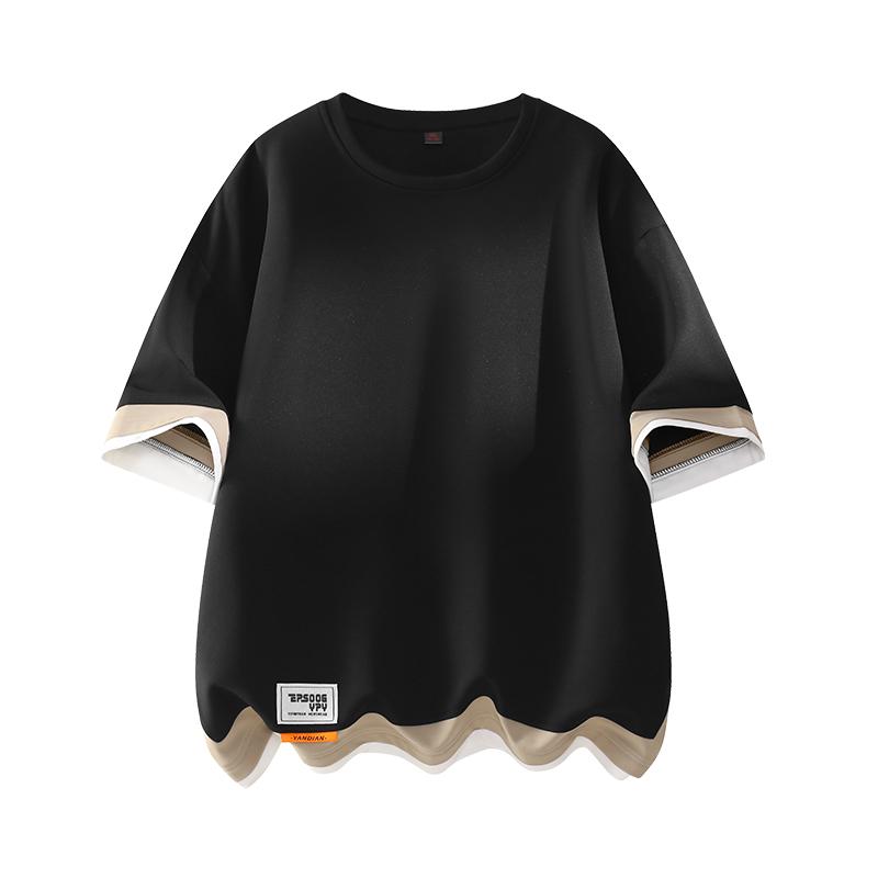 

Men s Short Sleeved T-shirt with Color Blocking, Loose and Versatile, Solid Color T-shirt M чорний