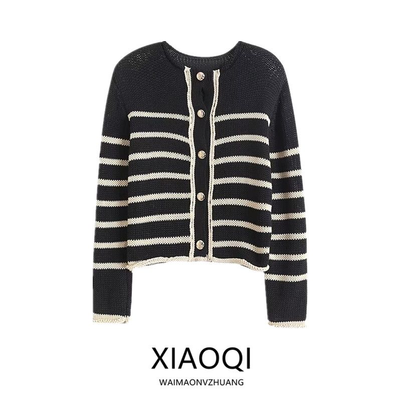2024 Spring New Arrival Classic Style round Neck Short Coat Golden Button Stripes Knitting Cardigan 5643511