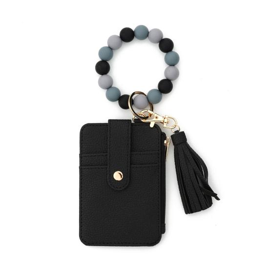 Silicone Bracelet Keychain Wallet Women Beaded Wristlet Card Holder Slim Wallet with Zipper Pocket for Shopping Dating Birthday Gift