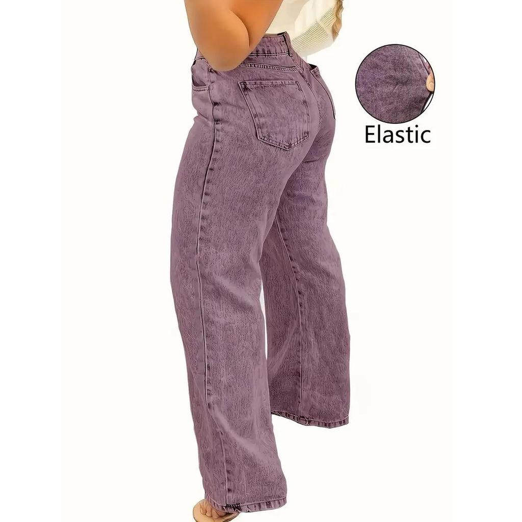 Plus Size Women's Purple Elastic Straight Jeans - Casual Washed Denim