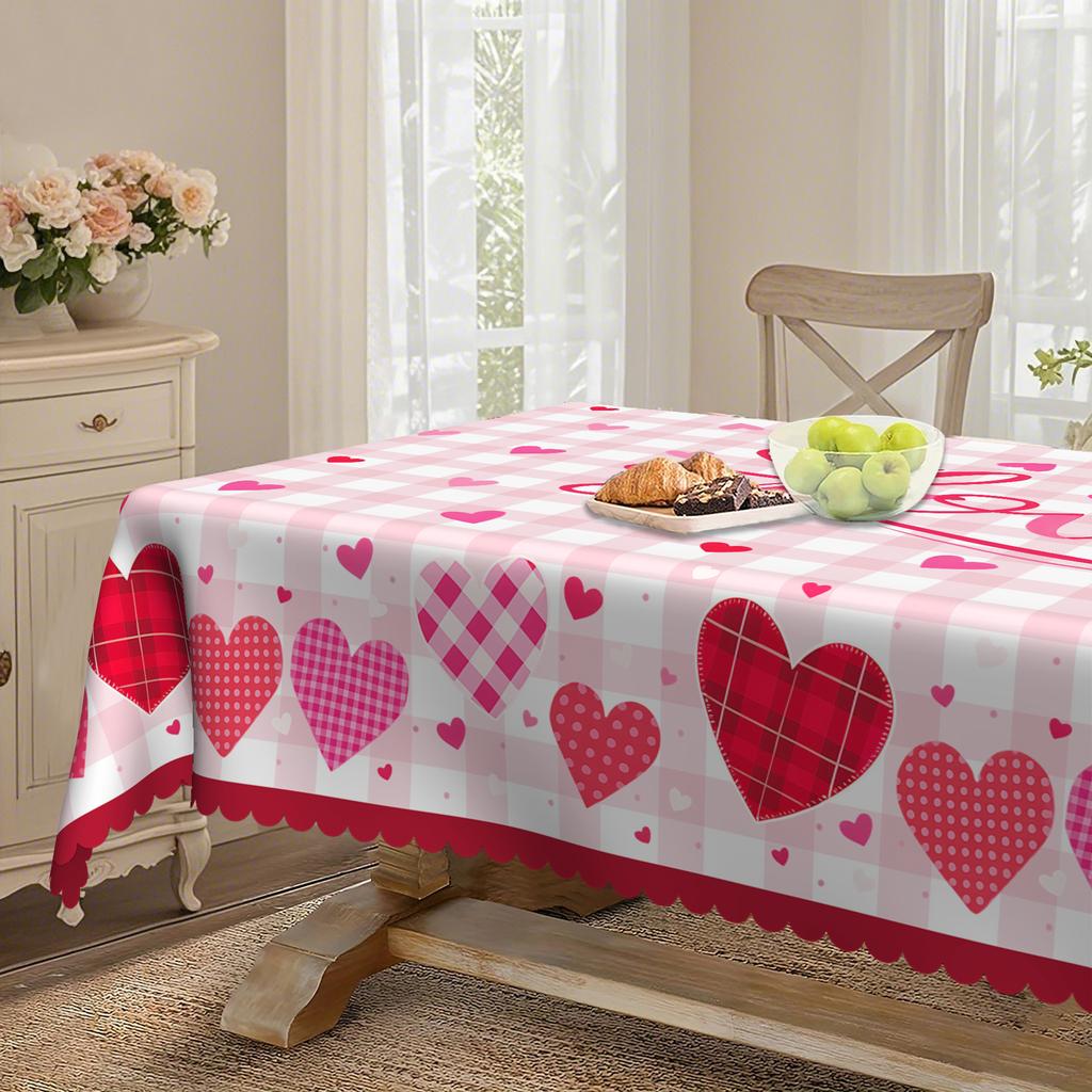 Happy Valentine'S Day, Love-Themed Tablecloth, Red Love, Pink Plaid Design, Dining Table Decorative Cloth.