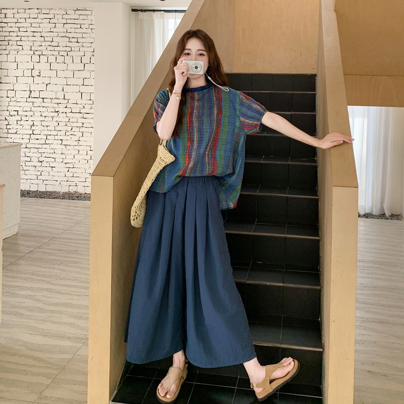 

French Style Vintage Stripe Short Sleeve Suit Pants Women s Summer New Arrival Fashion Lightweight Casual Slim Looking Loose Pants Two-piece Set Image color XS [42.50kg -47.50kg]]