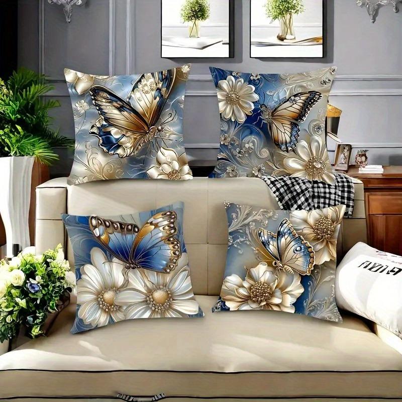 Tinika Chen Unisex Luxury Butterfly Pillowcase, Layered Floral & Metallic Accent Design, Elegant Home Decor Cushion Cover