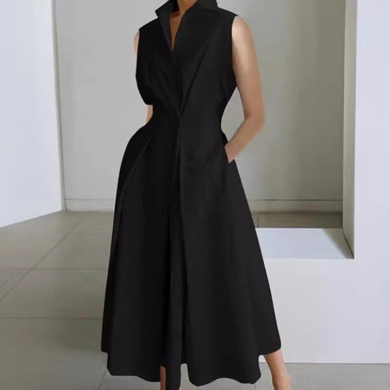 Dress summer new commuter fashion solid color V-neck women's button pendulum dress
