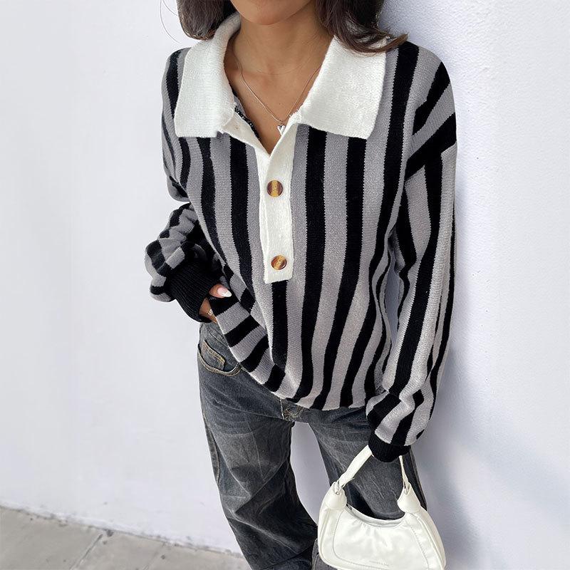 2025 Autumn/Winter Women's Retro Striped Knit Sweater with Lapel