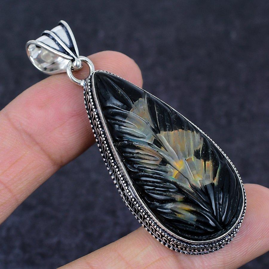 Black Onyx Gemstone 925 Sterling Silver Jewelry Pendant 2.56"