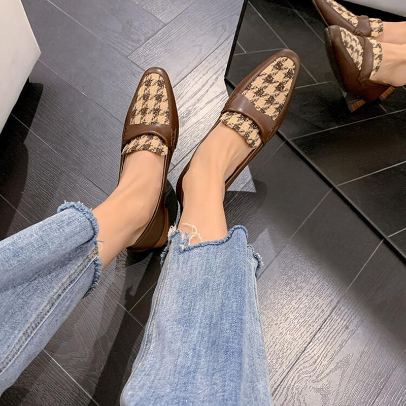 Fashion NEW Spring Women Loafers Square Toe High heels Cotton Fabric Chunky Heel Women Pumps Retro Lattice Split Leather Shoes for Women