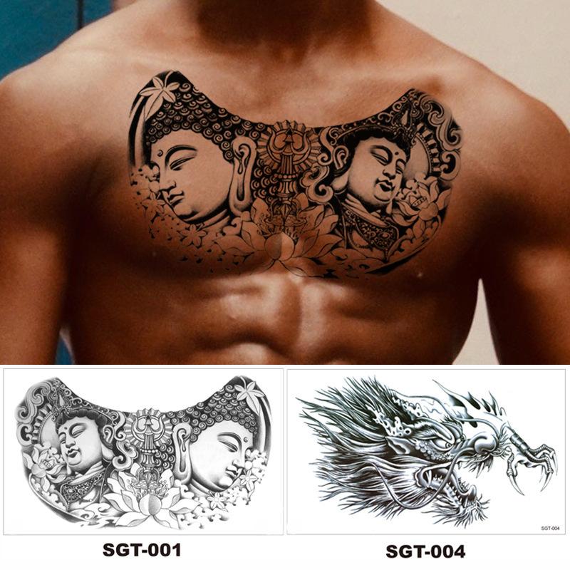Über die Schulter Drache dreiseitiger Buddha Blume Brust Tattoo Aufkleber, neuer Halbarm-Buchstaben Anti-Schweiß Tattoo Aufkleber