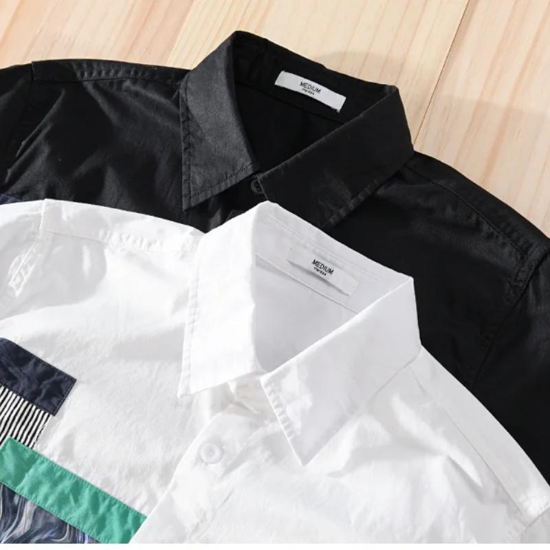Frühling Sommer Langarm Weiße Hemden für Männer Street Style Casual Shirt Korean Fashion Stitching Printed Shirt Jugend Reine Baumwolle Lose Top