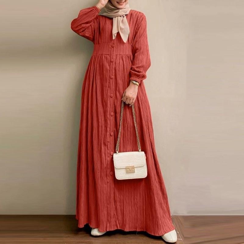 2024 Retro Puff Sleeve Dress: Elegant Solid Color Muslim Women's Clothing for Spring and Autumn