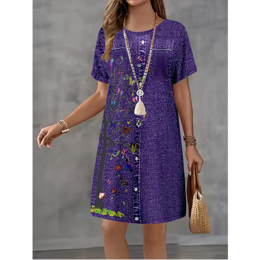 Women's Summer Short Seeved Round Neck Casual Mini Dress Vintage 3D Imitation Denim Printed Dress Elegant Women's Dress Vestidos