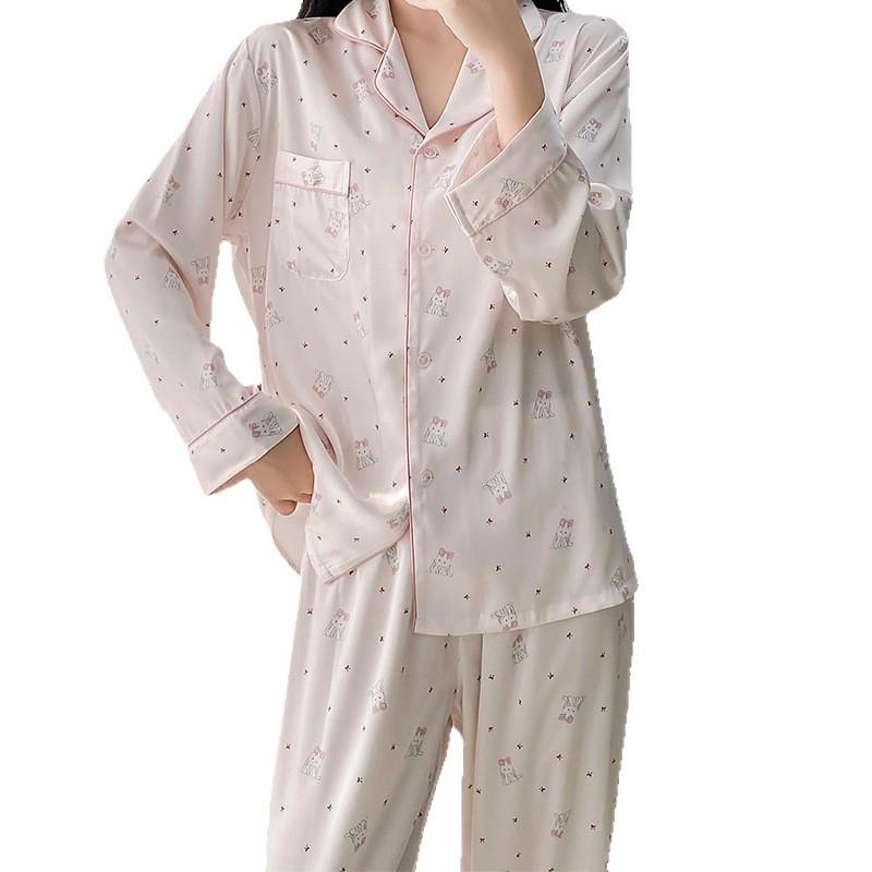 Women's Age-Defying Ice Silk Doll Print Pajama Set - Long Sleeve Autumn Sleepwear