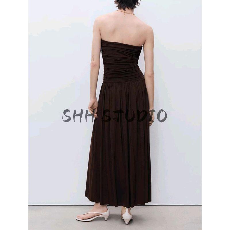 Summer New Arrival Women's Clothing Seaside Vacation Style Brown Patchwork Bandeau Slim-Fit Ruched Dress 87039213