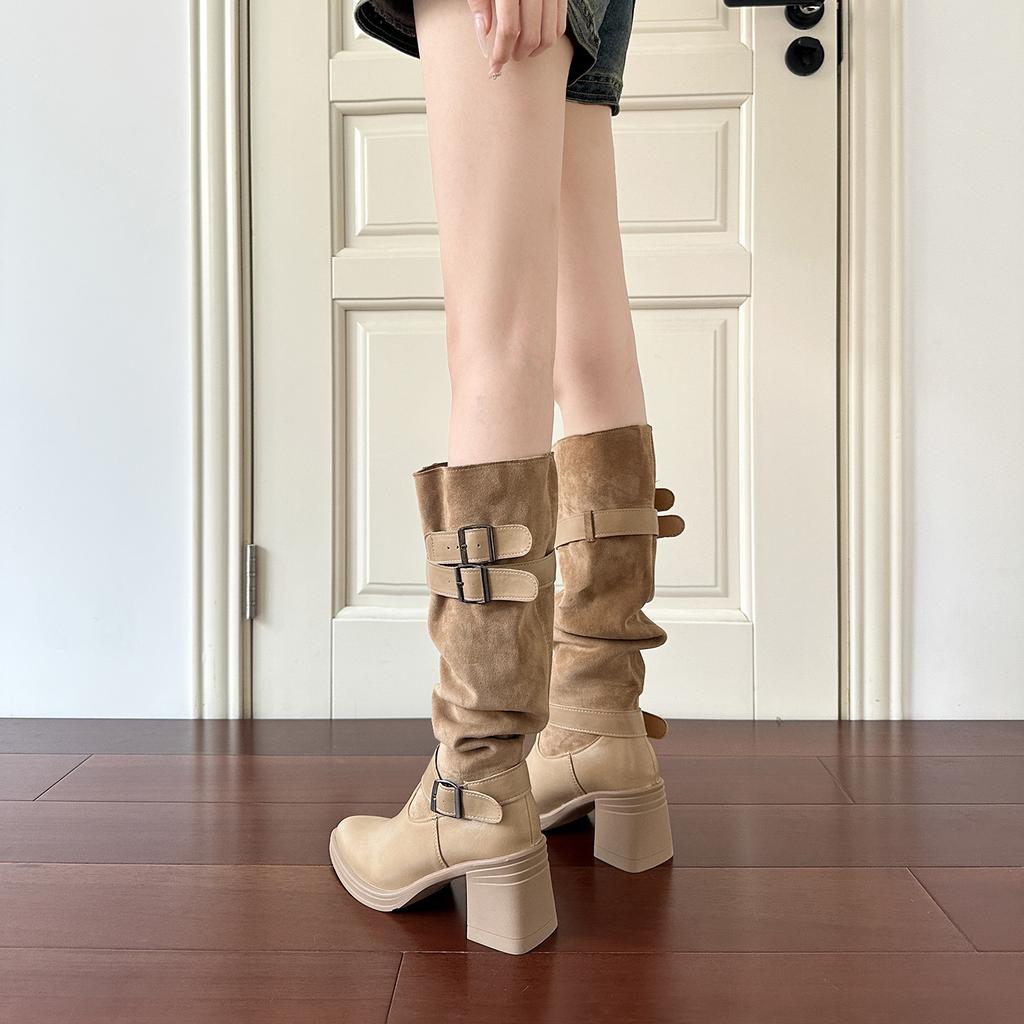 Autumn and winter new pants boots long boots stacking boots thick heel knight boots female spice girl belt buckle high heel high boots