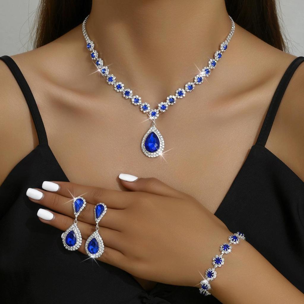 Elegant Multi-Color Floral Diamond Wedding Jewelry Set - Necklace, Stud Earrings & Bracelet