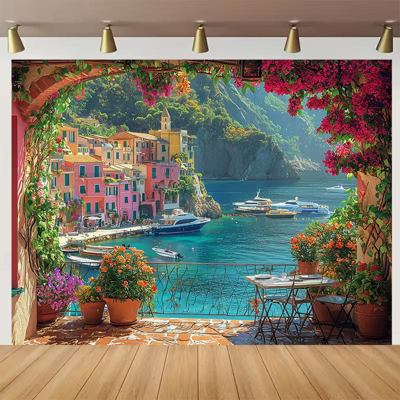 2D Italian Portofino Coastal Town Backdrop, Seaside Balcony Scenery Photography Background Cloth for Studio & Wall Decoration