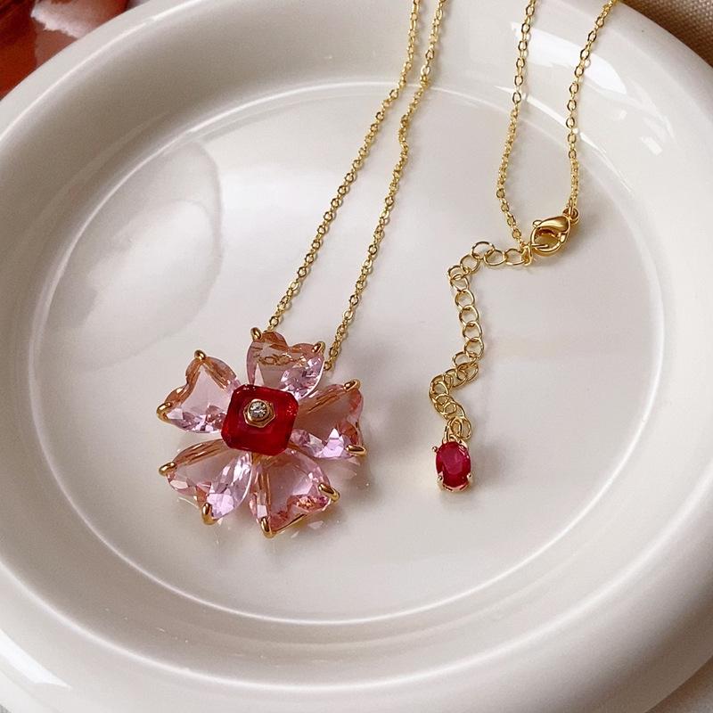 Elegant Pink Crystal Flower Stud Earrings & Necklace Set for Women - Silver Needle