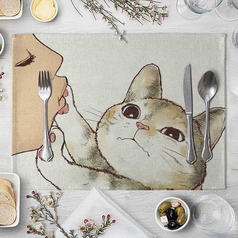 Cartoon Cat Placemat Cotton Linen Table Mat Kawaii Cats Animal Pattern Place Mats For Children Kids Kitchen Dinning Coaster Pad