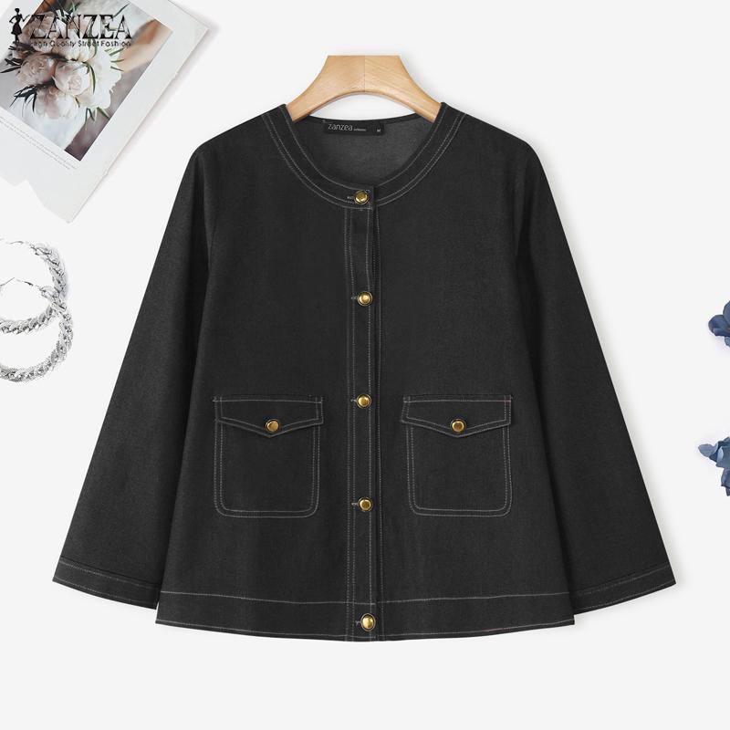 ZANZEA Women Casual Round Neck Long Sleeve Vintage Denim Blouse