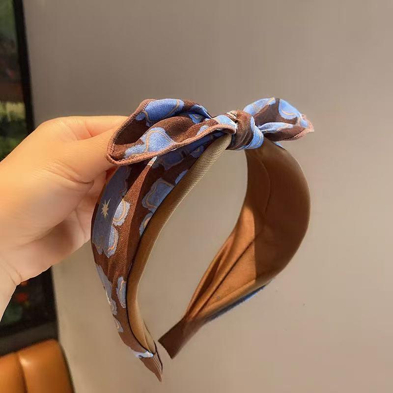 High-End Floral Blue Coffee Bow Headband: Versatile Women's Wide-Brim Hair Accessory
