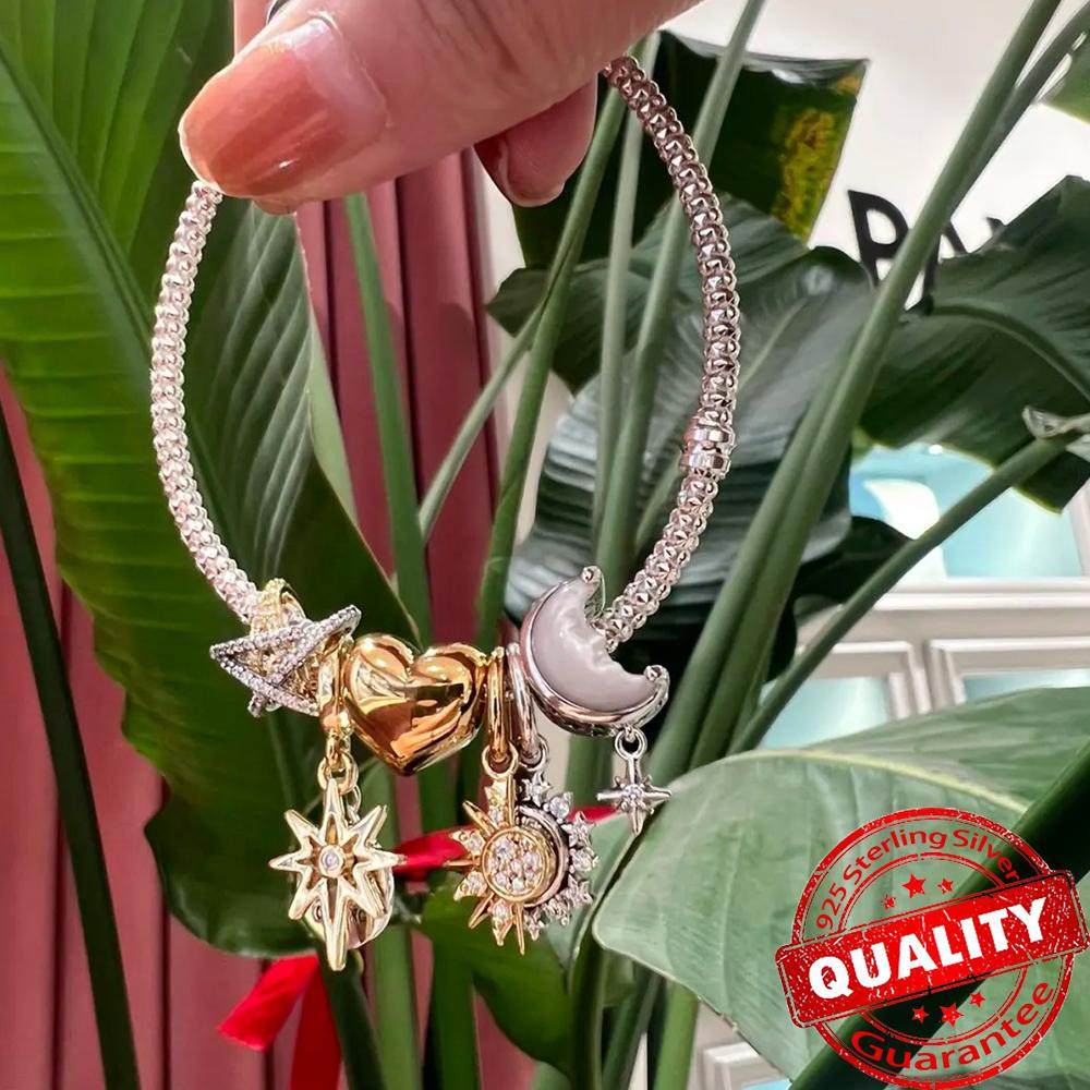 925 Silver Lucky Star & HeartDice Sparkling Bow Dangle Charm Fit Original Bracelet DIY Birthday Jewelry Gift