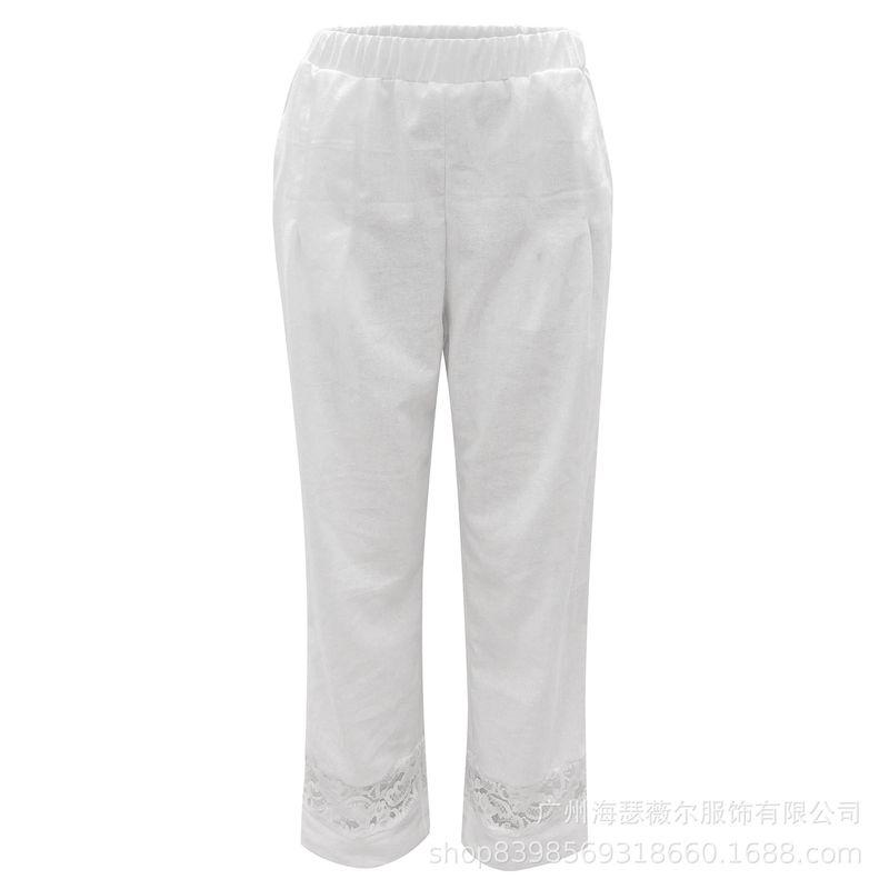 Women clothes European and American Spring and Summer Lace Stitching Button Elastic Waist Women Casual Pants White Hollow Pants Pants