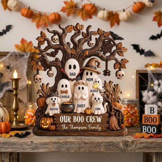 Living Room Wall Art Halloween Ghost Family Wooden Plaque, Pumpkin Couple Tabletop Sign, Indoor Hanging Signs Farmhouse Home Ornament for Tiered Tray
