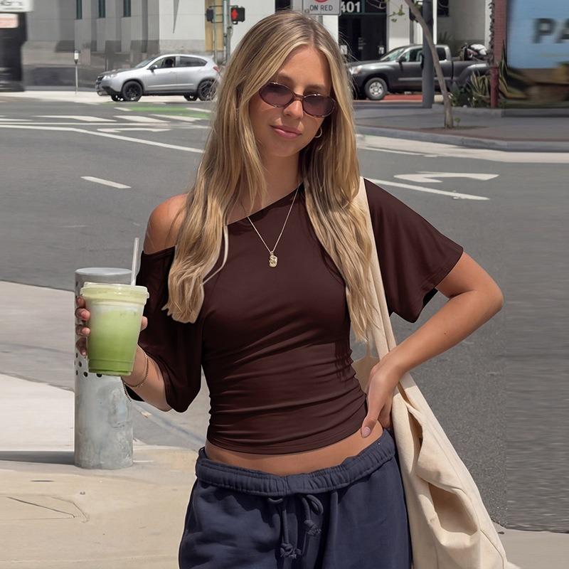 2026 Fashion Elegant Back Strap Waist T-shirt Summer New Spice Girl Crop Tops Lace-up Off Shoulder Blouse Solid Color Short Sleeve Slim Fit Top