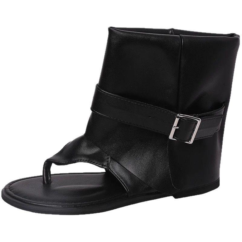 European and American fashion short herringbone toe cool boots belt buckle sleeve flat-bottomed trousers boots women's high-top Roman sandals autumn