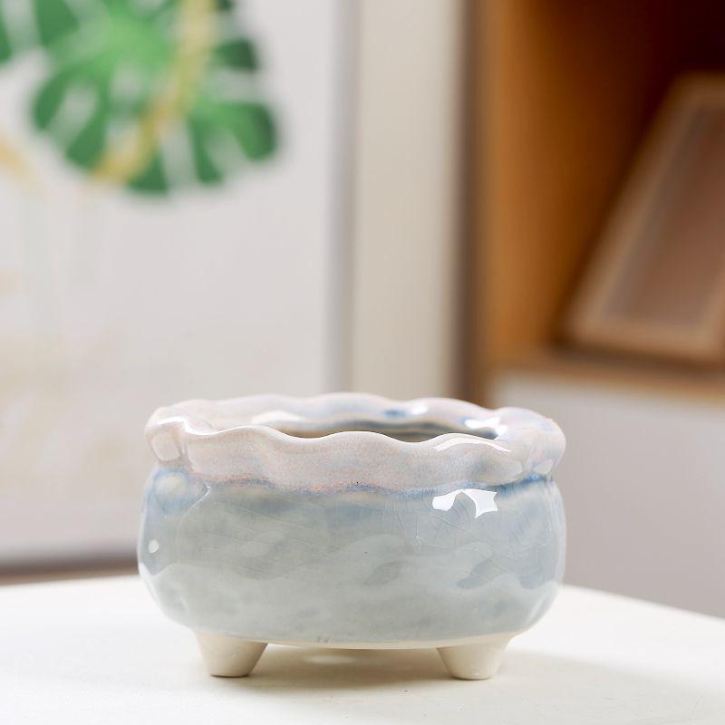 Ceramic Succulent Flower Pot with Ice Crack Glaze, Creative Design, Breathable with Drainage Holes.