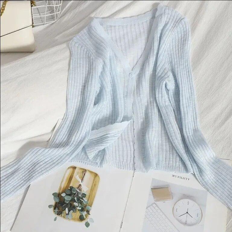 

Тонкий вязаный кардиган с v-образным вырезом, милое милое женское пальто с длинным рукавом, укороченный топ с одной пряжкой, новая мода, однотонный, простой, повседневный, солнцезащитный кардиган L синий
