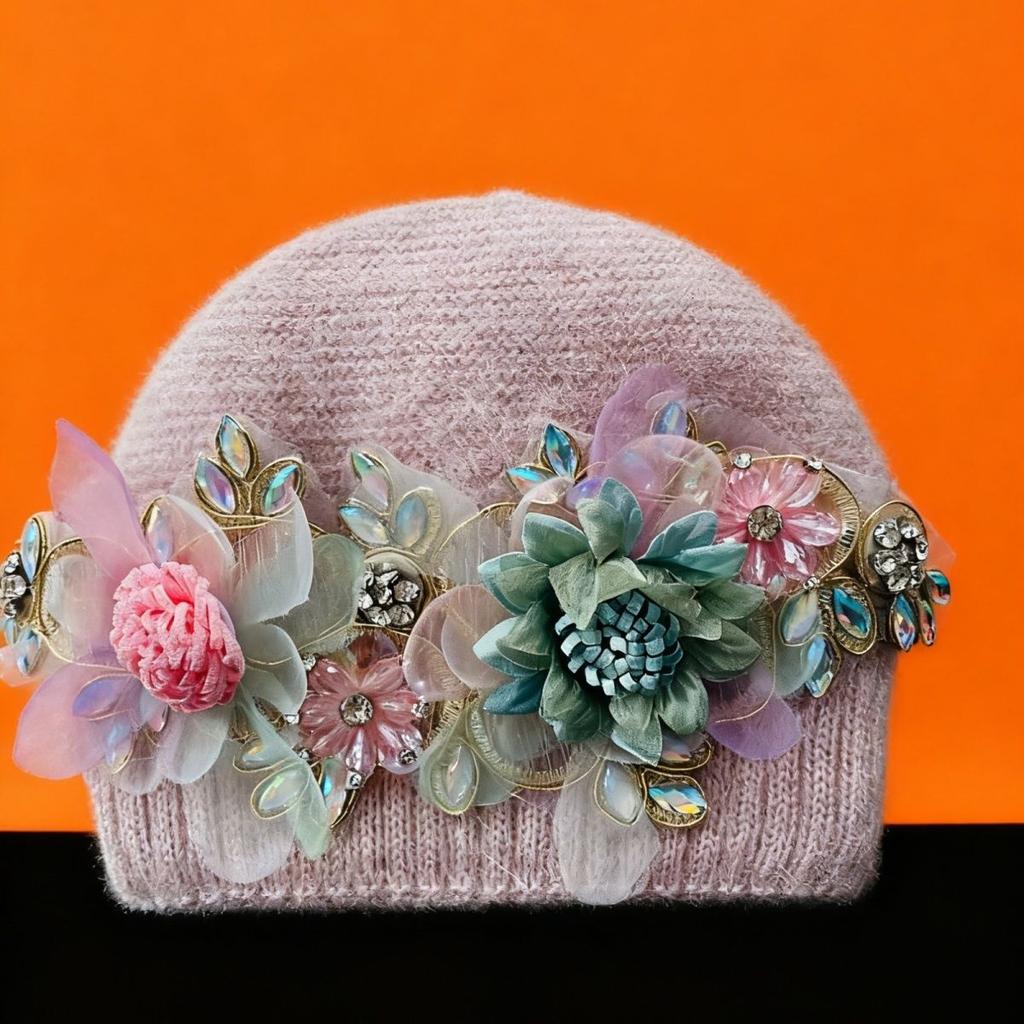 Modischer Hut Damen Herbst Winter Neu eingetroffen Verdickt Warm Gestrickt Blume Ohrenklappen Übergroße Mütze