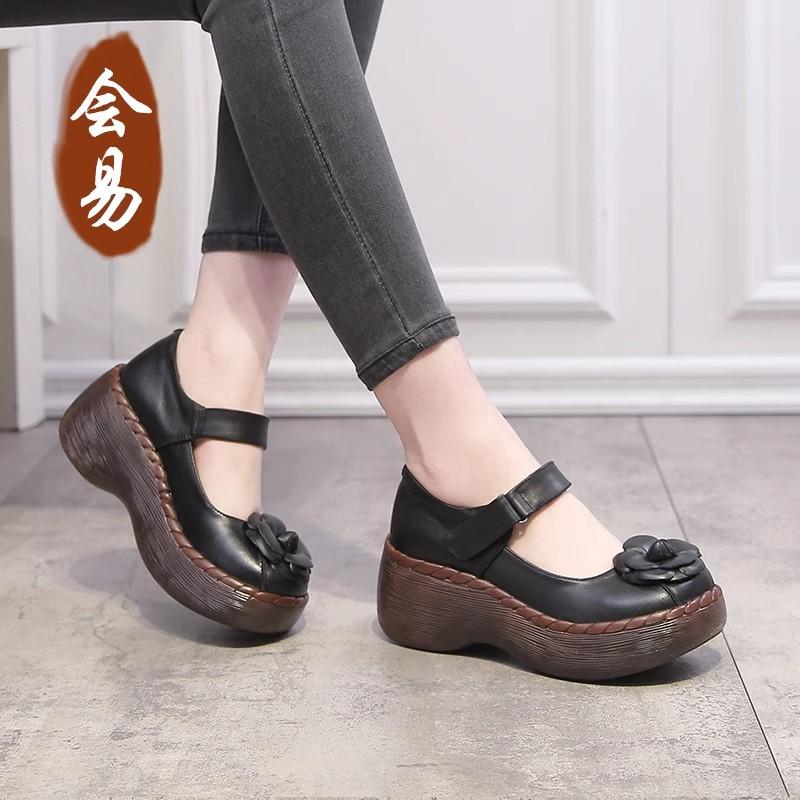 Mode GKTINOO Damen Leder High Heels Keilschuhe Blume 2025 Herbst Pumps Damen Echtes Leder Handgefertigt Mary Jane Pumps Plateau