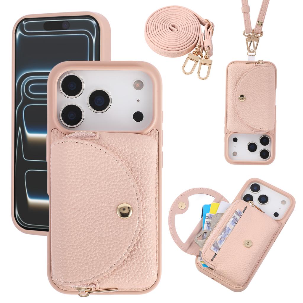 Crossbody Long Lanyard Leather Cards Solt Wallet Case For iPhone 17 Pro Max 16 Plus 15 14 13 Built in Makeup Mirror Bag Cover