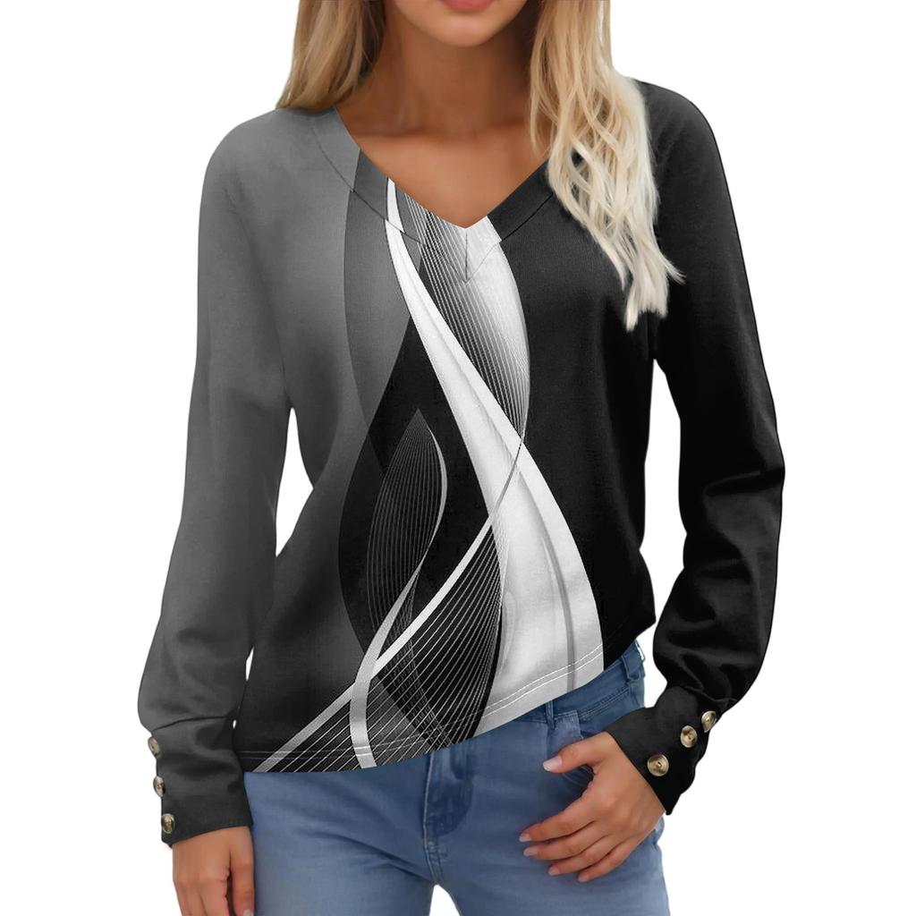 Women's Tops Long Sleeve Cuffs Button-Up Shirt V-Neck Casual Loose Tee Floral Tops