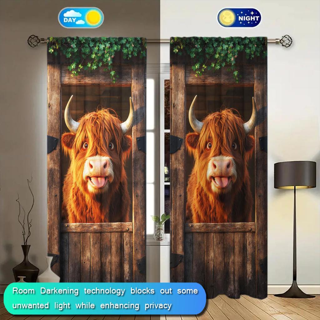2pcs Cute Highland Calf Decorative Curtains   Animal Themed Curtains   Semi Blackout Curtains