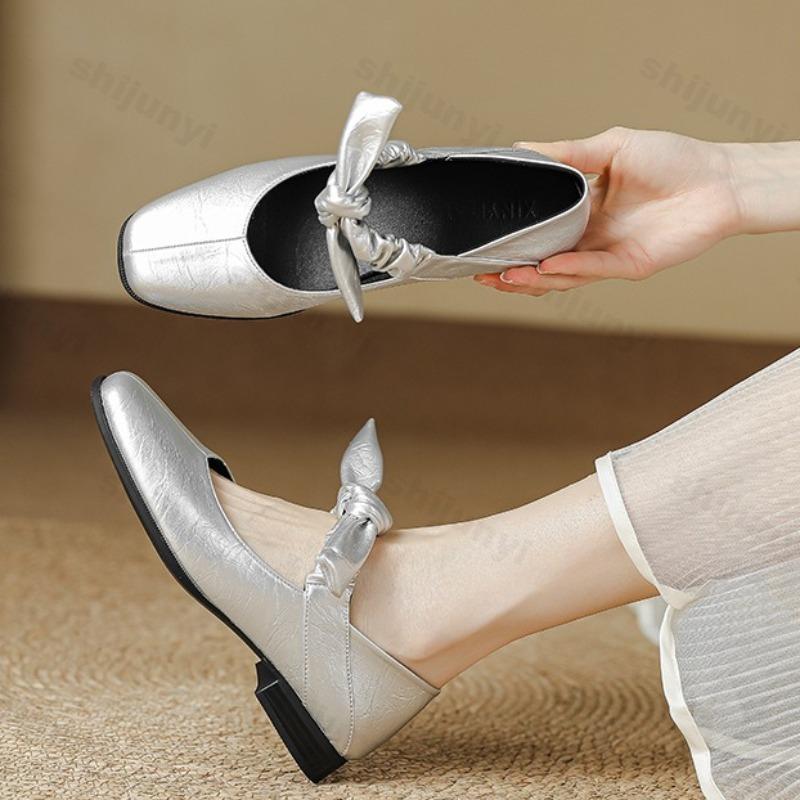 Fashion Elegant Bows Designed Shallow Mouth Single Shoes Women's 2025 Spring New Square Head Comfortable Slip On Casual Mary Jane Shoes