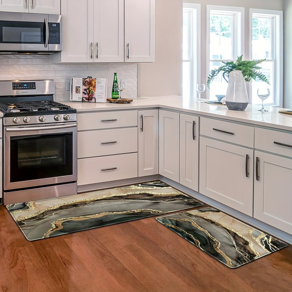 Luxury Golden Striped Marble Kitchen Mat Soft Thickened Kitchen Floor Mat Waterproof Non-slip Oil-proof Floor Mat Runner Rug