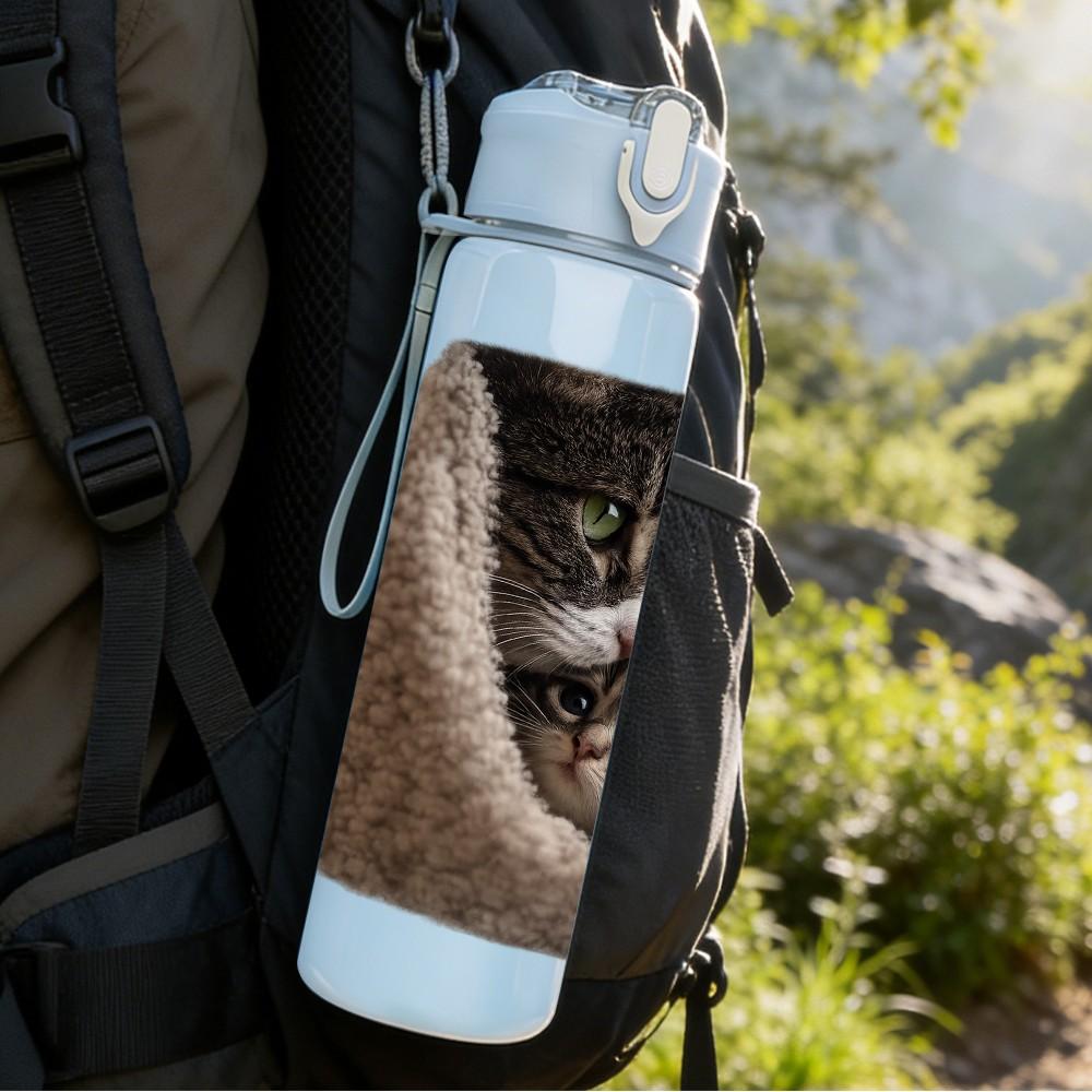 1PC Cat Curled Inside Soft Sack Print 750ml Color Plastic Sports Water Bottle Leakproof Flip Straw Lid Suitable for Sports Office Home Use