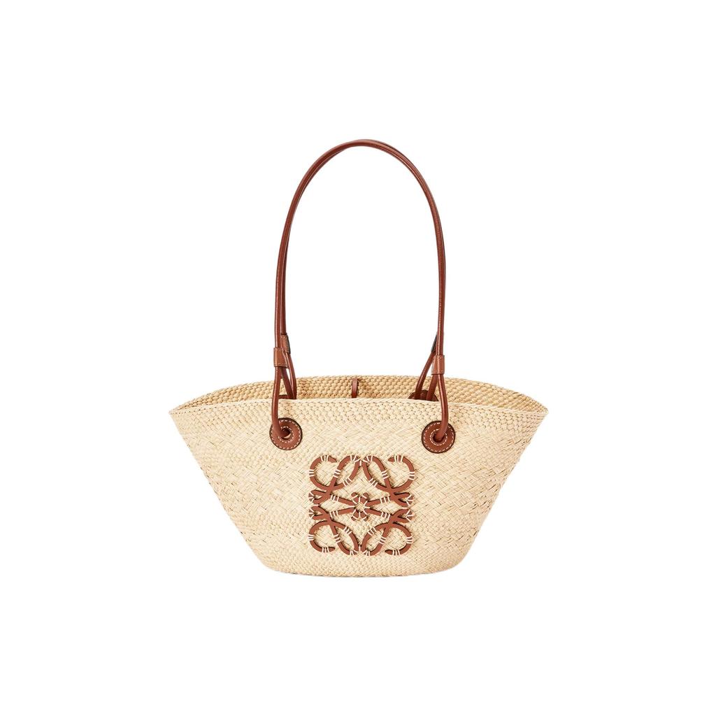 Loewe Anagram Basket Handwoven Anagram Embossed Patch Leather Tote Shopping Bag Women Tote Brown Natural A223P65X01-2435