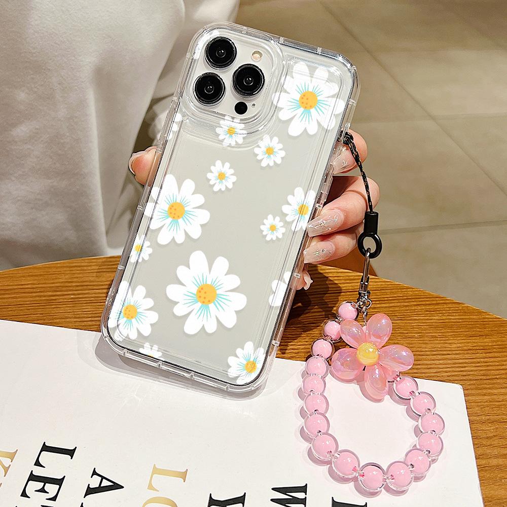 Luxury Flower Case for iPhone 11 Fundas iPhone 13 14 15 12 Pro Max XR 7 8 Plus X Xs 6 SE  Wrist Strap Clear Soft TPU Covers