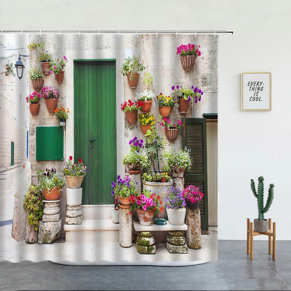 Blommor Vårlandskap Badrumsset Duschdraperi Gata Röd Rosa Blomma Retrodesign Trädgård Väggdekoration Hängande gardiner