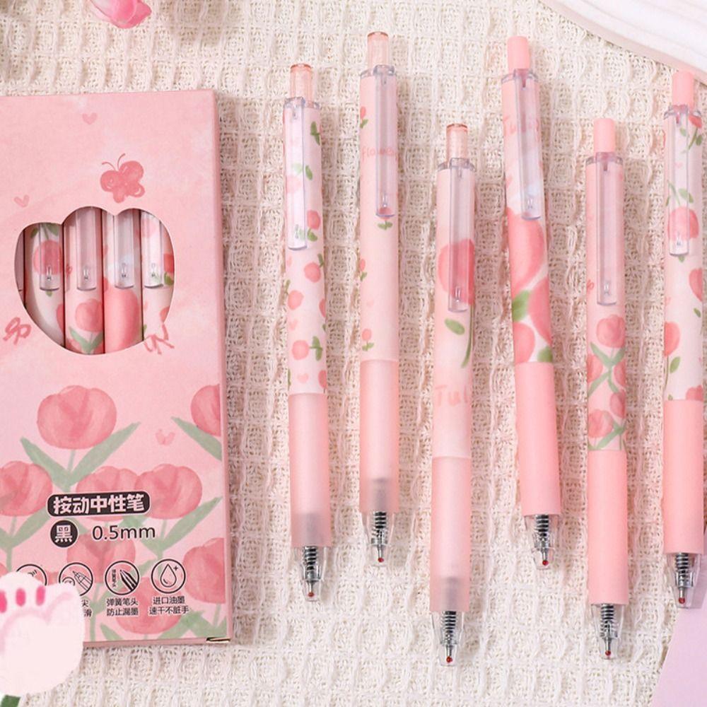 6 Stück/Box Rosa Tulpe Gelstift Große Kapazität Druckstift Neuer Schwarzer Tintenstift Student