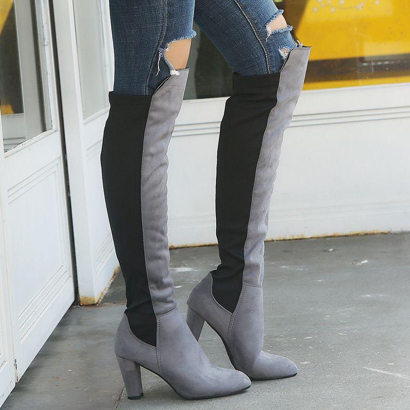 Elegant Women Boots Over Knee High Heel Stylish Winter Autumn Slip-on Lace-up Shoes