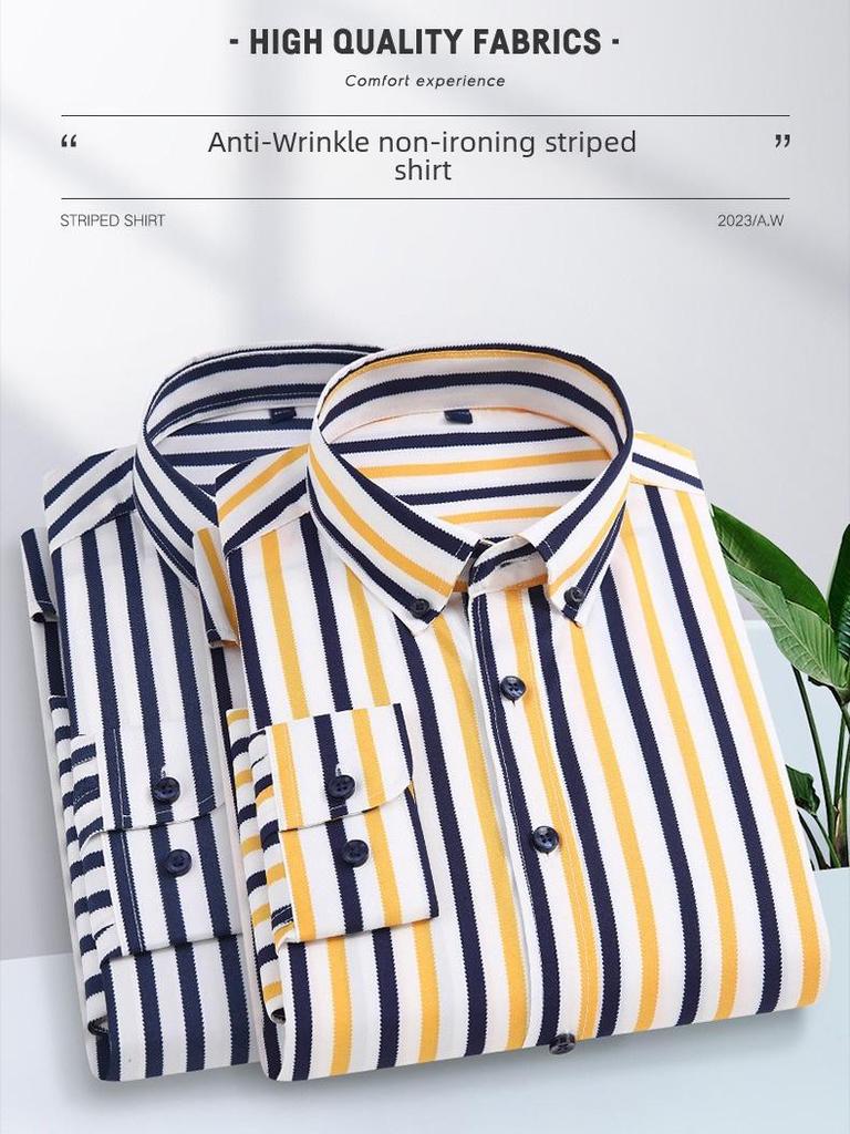 Men's 2025 Elastic Striped Long-Sleeve Slim Fit Korean Shirt - Business Casual, Non-Iron, Comfortable.
